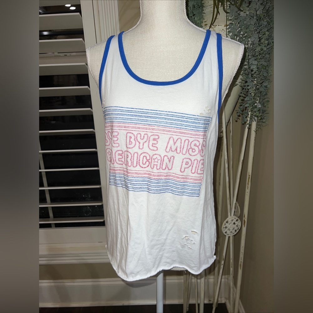 Mamie Ruth Womens Tank Top White Bye Bye Miss American Pie Woman’s Size S